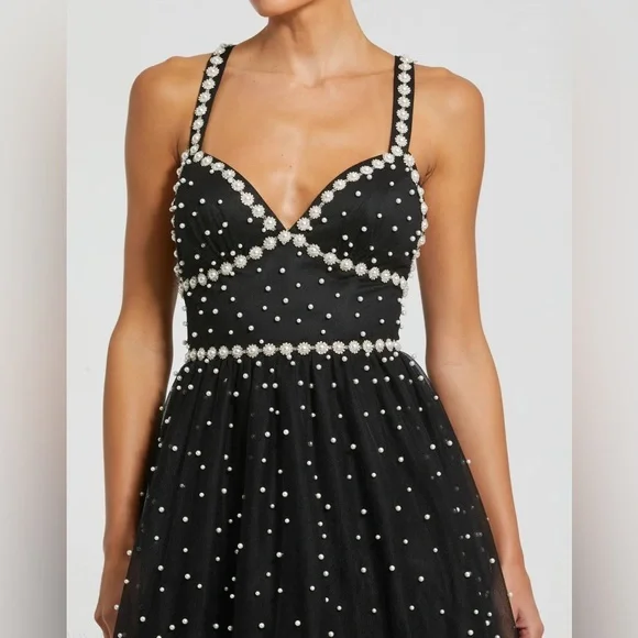 NWT $698 MAC DUGGAL Black Pearl Beaded High Low Gown Dress Tulle 20747 - Picture 2 of 5